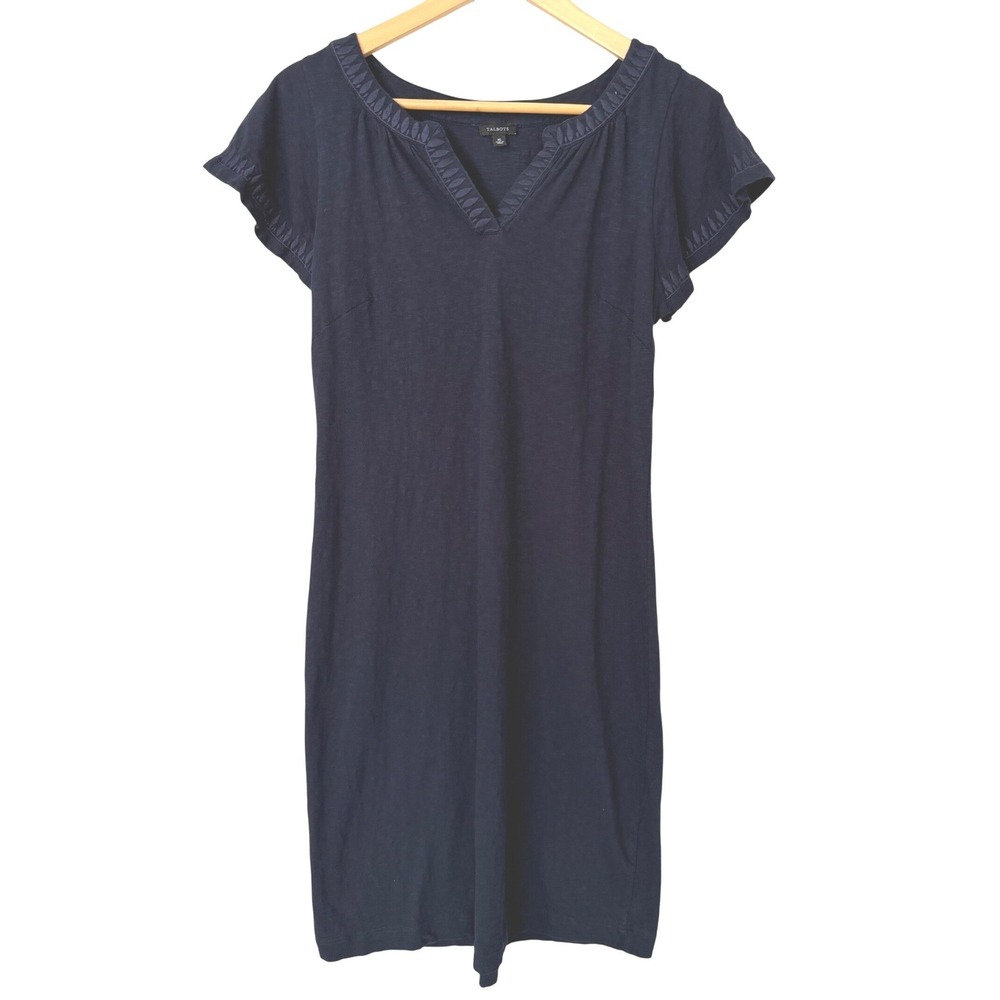 Talbots Womens XS Navy Blue Cotton Embroidered Split Neck Short Sleeve Dress